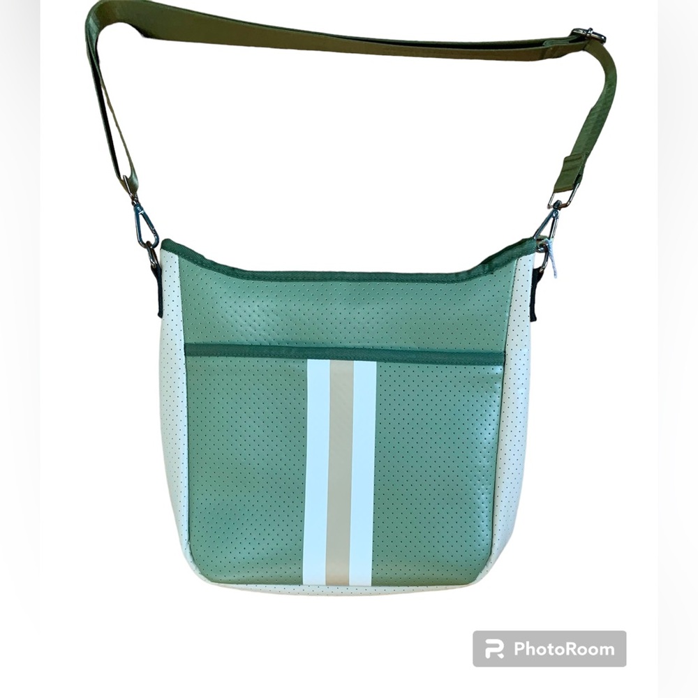 HAUTE SHORE  neoprene crossbody Bag, Green, Taupe & White, Medium, Like New.